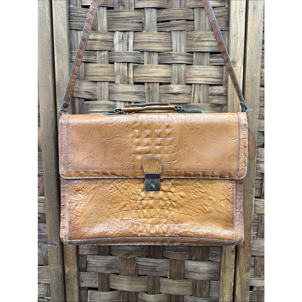 Vintage Crocodile Veneto Cognac Leather Briefcase Messenger with Shoulder Strap